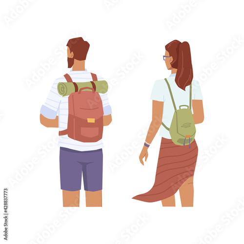 Travelers look into distance, man and woman with rucksacks back view, flat cartoon characters. Vector couple of tourists, young explorer travel together. Trekking people with backpacks, sleeping mat