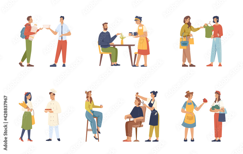 Clients and servants, buyers and sellers, consultants isolated flat cartoon people set. Vector shop assistant and baker, waiter in cafe restaurant, barber doing haircut, women selling grocery products