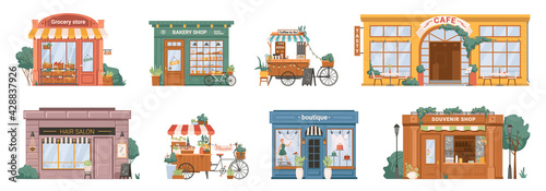 Fototapeta Naklejka Na Ścianę i Meble -  Grocery store and bakery, mobile coffee kiosk on bike, cafe restaurant and hair salon barbershop, florist flower store and clothing boutique, shop with souvenirs isolated building set facade exterior