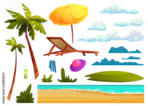 Summer beach design elements isolated set of cartoon icons. Vector sea or ocean waves, palm trees and clouds, chaise lounge and yellow umbrella, glass of cocktail and hat, striped towel, green bushes