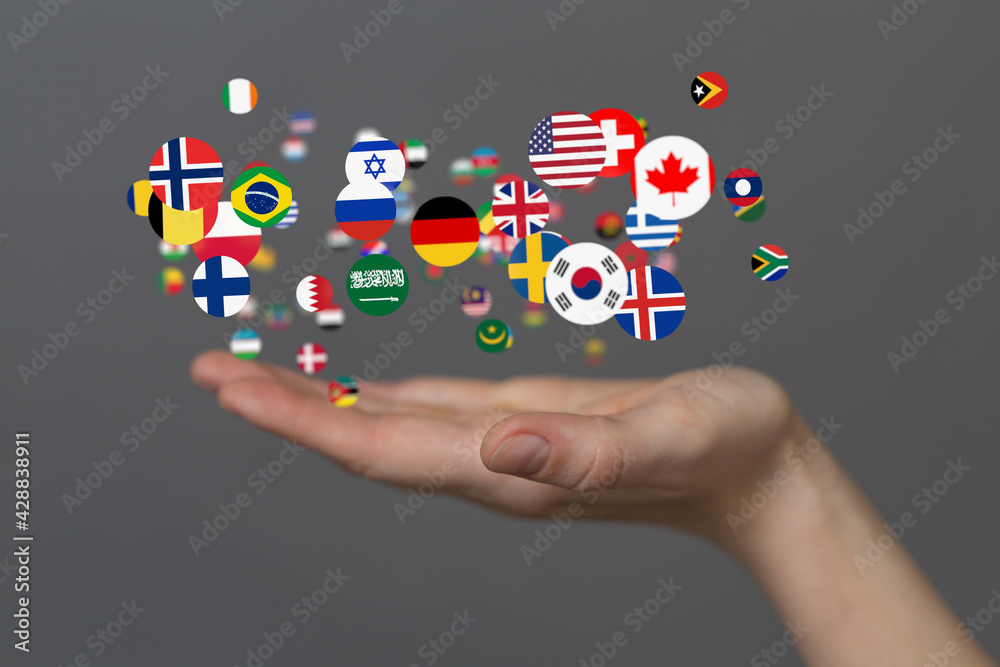 Global communication and international messaging concept, national flags of world Global communication and international messaging concept, national flags of world