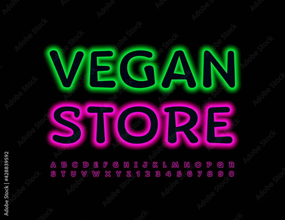 Vector trendy logo Vegan Store. Violet Neon Font. Glowing set o Alphabet Letters and Numbers