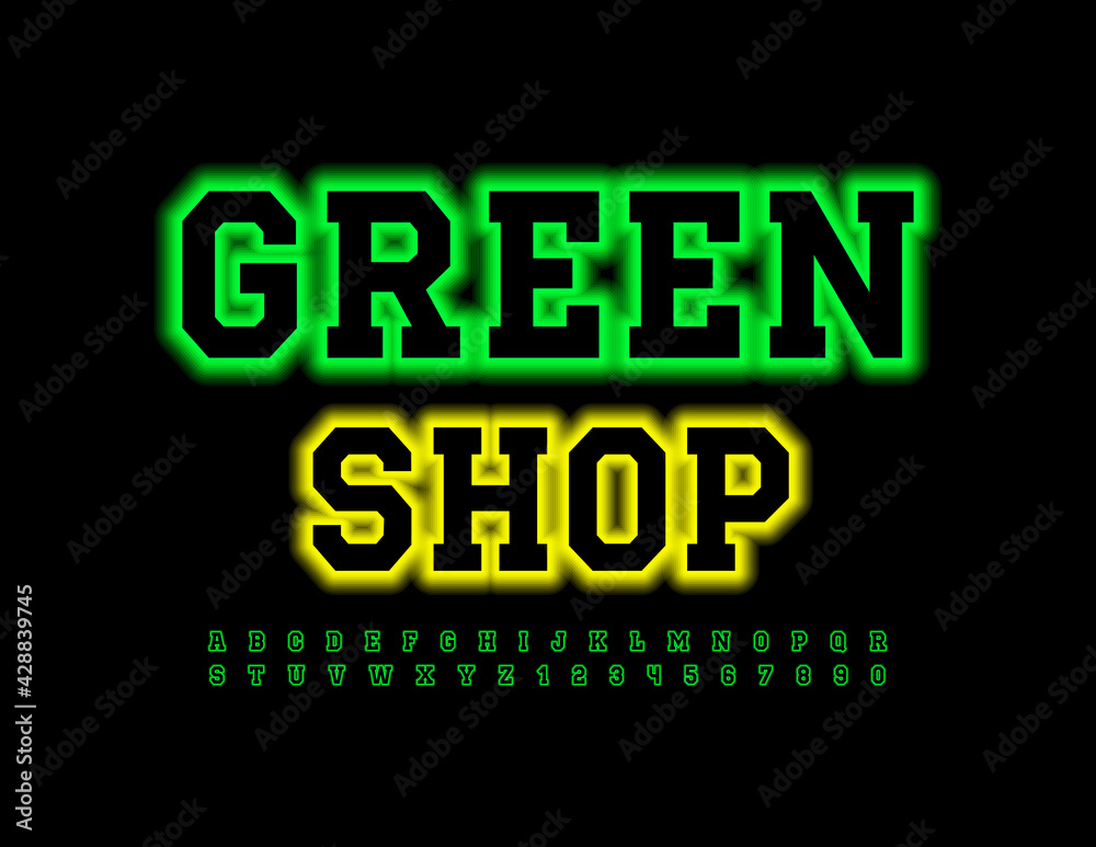 Vector business concept Green Shop. Neon glowing Font. Modern Alphabet Letters and Numbers set Vector business concept Green Shop. Neon glowing Font. Modern Alphabet Letters and Numbers set