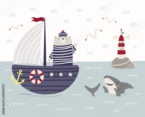 Cute bear sailor on a ship, sailboat, shark, lighthouse. Childish sea, ocean landscape. Hand drawn vector illustration. Scandinavian style flat design. Concept nautical kids print, poster, wallpaper.