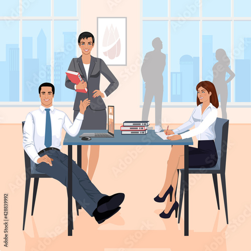 A female businessman gives a task to the company's employees