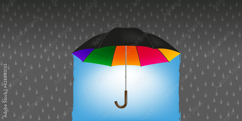Concept de l’optimisme et de la solution pour voir le bout du tunnel, avec un parapluie multicolore qui transforme la pluie en beau temps