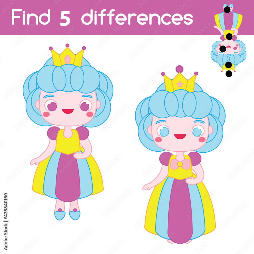Find the differences educational children game. Kids activity with princess girl Find the differences educational children game. Kids activity with princess girl