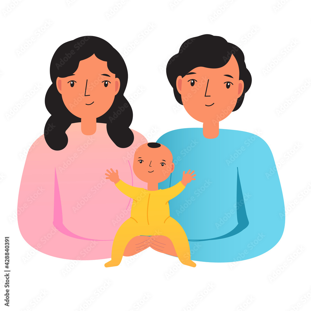 Happy family. Parents with baby. Man and woman nurse toddler. Young father and mother with newborn child. Happy family. Parents with baby. Man and woman nurse toddler. Young father and mother with newborn child.