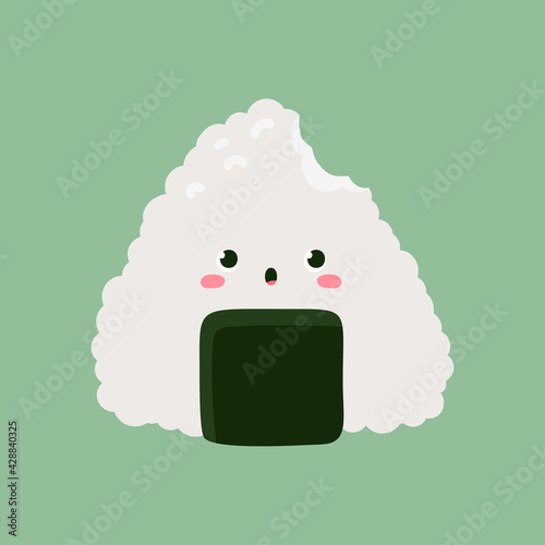 Sushi roll onigiri with nori, side view. Cute character design. Vector cartoon illustration on a green background.