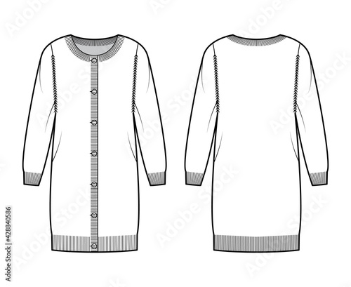 Round neck dress cardigan sweater technical fashion illustration with long sleeves, oversized body, knit rib trim. Flat jumper apparel front, back, white color style. Women, men unisex CAD mockup