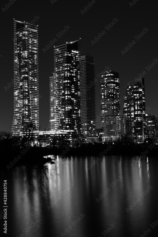 Apartment Buildings At Night - Black And White