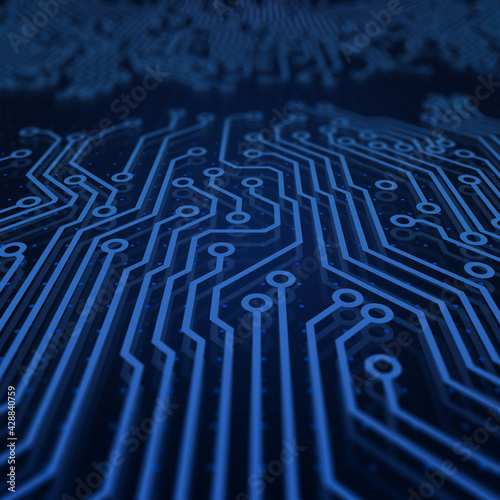 Blue printed circuit board , futuristic background . Abstract technology . 3D illustration .
 photo