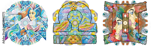 Air Signs Zodiac Libra, Gemini, Aquarius with mandalas. Vector zentangle object for decoration