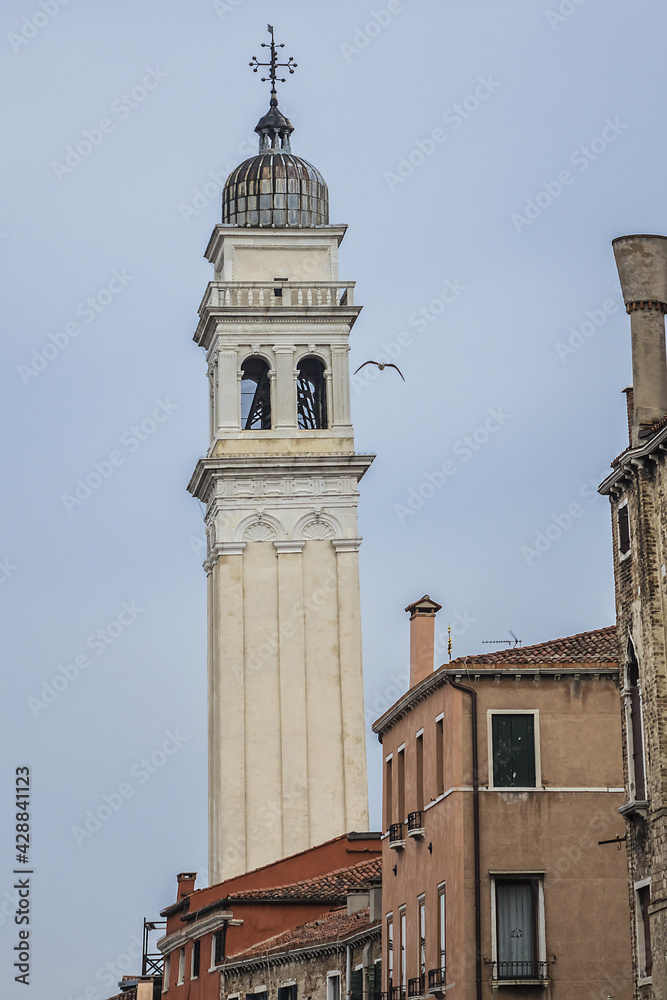 View of Rio dei Greci (Greeks' Canal) with the leaning bell tower of the orthodox church of San Giorgio dei Greci (1592) in the background. Venice, Veneto, Italy.