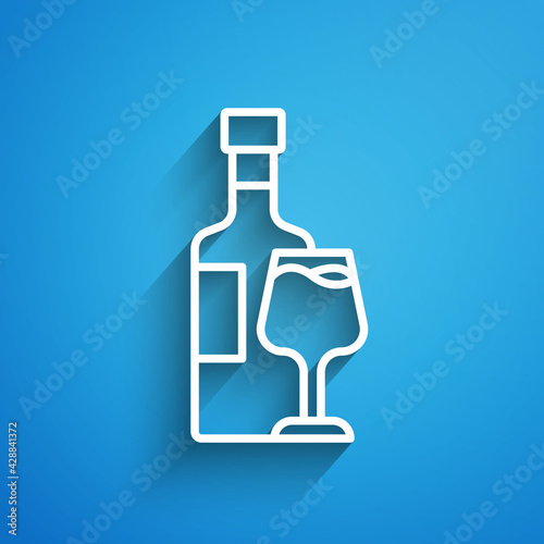 White line Wine bottle with glass icon isolated on blue background. Long shadow. Vector