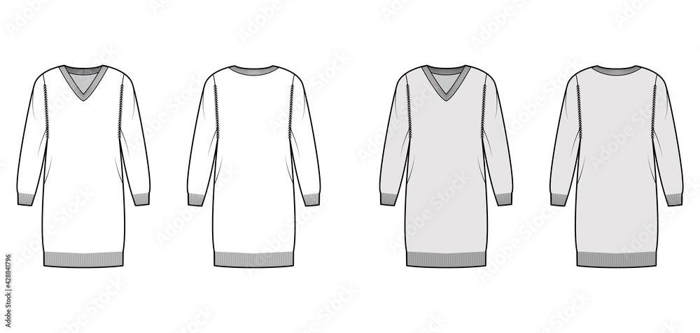 V-neck dress Sweater technical fashion illustration with long sleeves, relax fit, knee length, knit rib trim. Flat jumper apparel front, back, white, grey color style. Women, men unisex CAD mockup