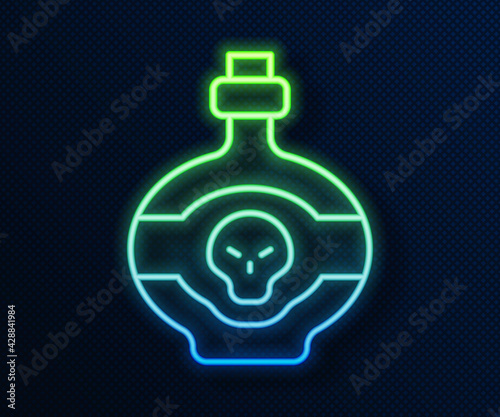 Glowing neon line Poison in bottle icon isolated on blue background. Bottle of poison or poisonous chemical toxin. Vector