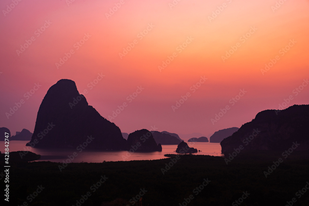 sunset in the mountains. Samet Nangshe viewpoint in Phang Nga bay of Thailand 