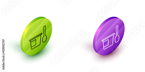 Isometric line Yogurt container with spoon icon isolated on white background. Yogurt in plastic cup. Green and purple circle buttons. Vector