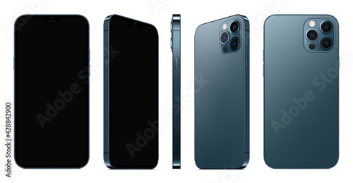 smartphone blue color with black touch screen saver isolated on white background. mockup of realistic and detailed mobile phone. stock vector 3d isometric illustration
