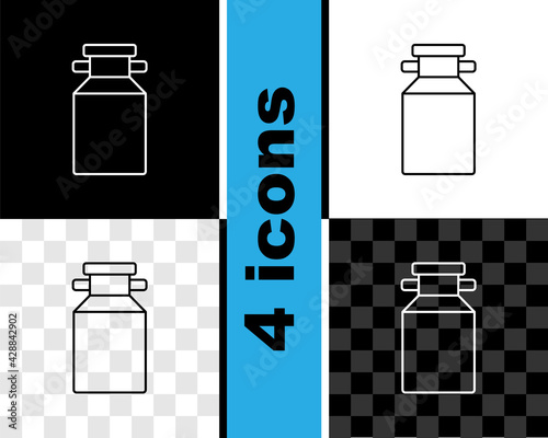 Set line Can container for milk icon isolated on black and white, transparent background. Vector