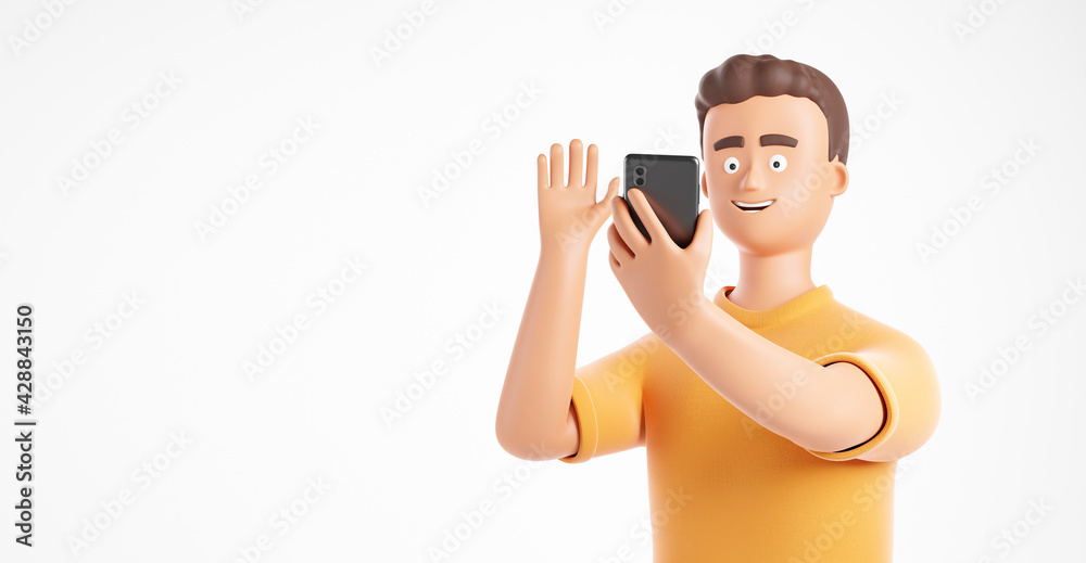 Cartoon character man make video call or selfie by smartphone and say hello  isolated over white background. Stock Illustration | Adobe Stock