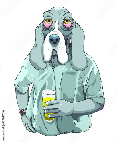 Chien à joues tombantes qui tient un verre de pastis
