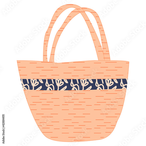 Vector Summer bag, beige wicker with blue stripe. Ideal for summer poster, card. Womens accessory.