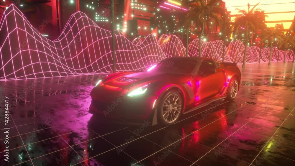 80s retro background 3d animation. Futuristic car drive through neon ...