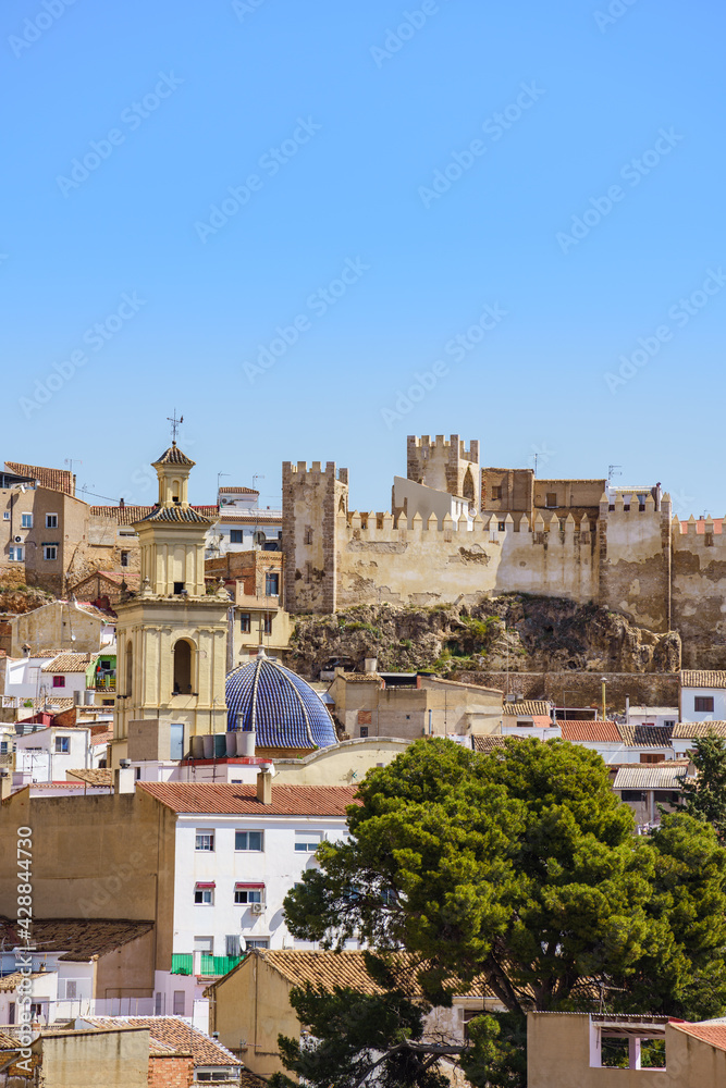 Panoramic view of Buñol and its castle in Valencia Spain.