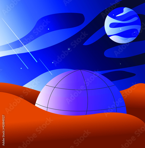 landscape of the Martian desert with a starry sky and housing - human settlements on Mars in the form of a dome. colonization of Mars.