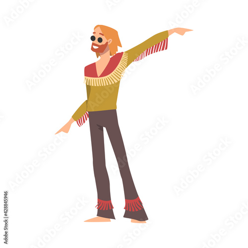 Hippie Man Character, Happy Bearded Man Wearing Retro Style Clothing and Sunglasses Dancing at Party Cartoon Vector Illustration