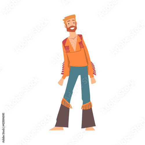 Hippie Man Character, Happy Bearded Man Wearing Flared Jeans and Colorful Shirt Cartoon Vector Illustration