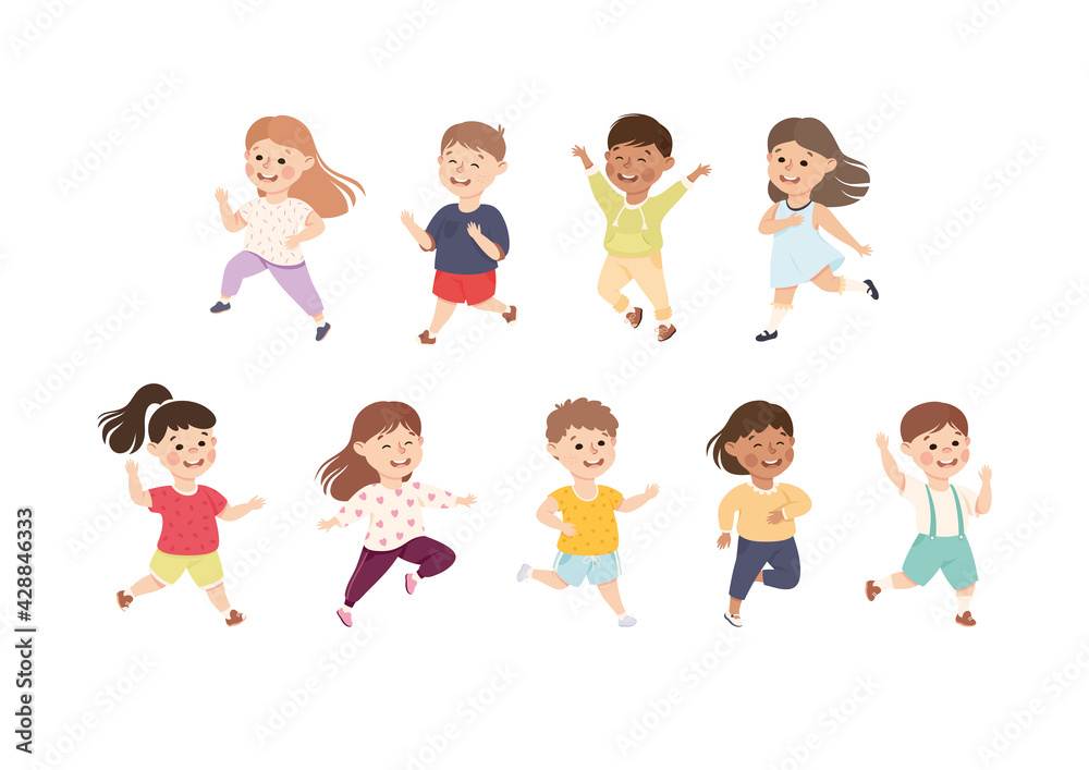 Happy Running Boys and Girls Set, Preschool Kids in Casual Clothes Having Fun on Isolated White Background Vector Illustration Happy Running Boys and Girls Set, Preschool Kids in Casual Clothes Having Fun on Isolated White Background Vector Illustration