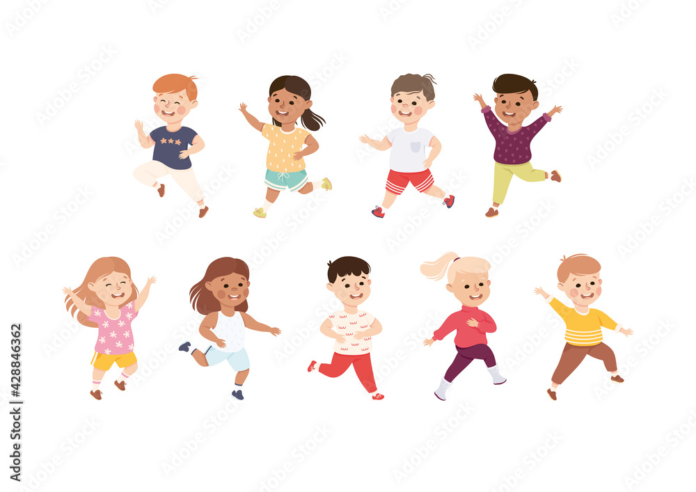 Happy Running Boys and Girls Set, Happy Smiling Preschool Kids Having Fun on Isolated White Background Vector Illustration Happy Running Boys and Girls Set, Happy Smiling Preschool Kids Having Fun on Isolated White Background Vector Illustration
