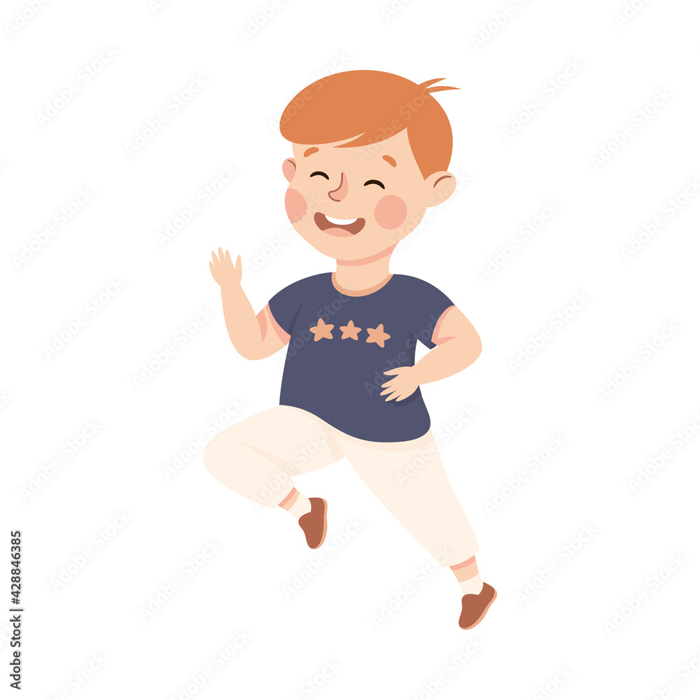 Happy Boy Running, Preschool Kid in Casual Clothes Having Fun on Isolated White Background Vector Illustration