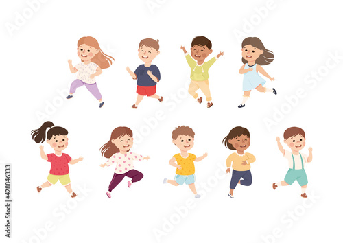 Happy Running Boys and Girls Set, Preschool Kids in Casual Clothes Having Fun on Isolated White Background Vector Illustration