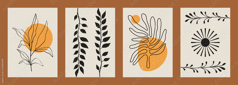 Abstract minimalist plant backgrounds. Mid century aesthetic posters with boho leaf silhouettes organic shapes. Vector set