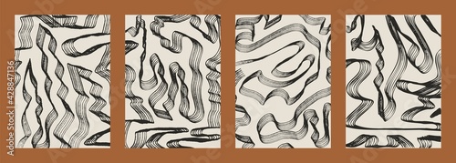 Abstract curve brushstroke mid century posters. Black ink scribbles, irregular messy grunge drawing. Vector backgrounds