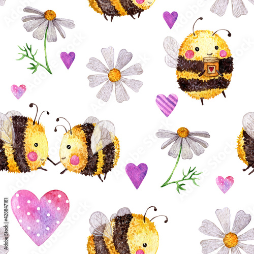 Chamomiles pink hears and honeybees. Hand-drawn and isolared on white background, watercolor seamless pattern for fabric and wrapping paper.