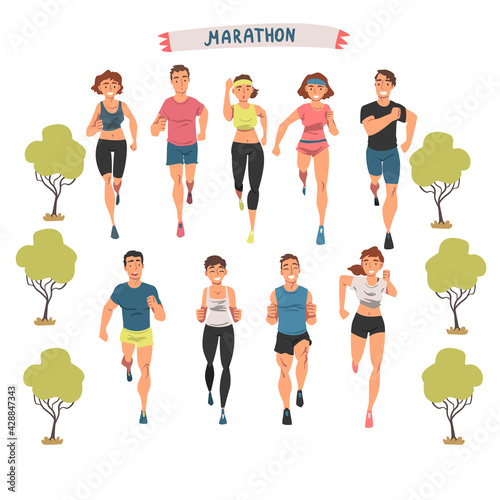 Cheerful People Running Marathon Set, Male and Female Athletes in Sports Uniform Running Outdoors Cartoon Vector Illustration