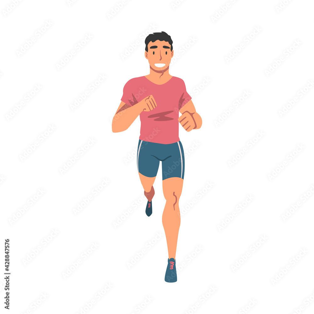 Cheerful Running Man, Male Athlete in Sports Uniform Running Marathon, Training, Jogging, Doing Morning Workout on Isolated White Background Cheerful Running Man, Male Athlete in Sports Uniform Running Marathon, Training, Jogging, Doing Morning Workout on Isolated White Background