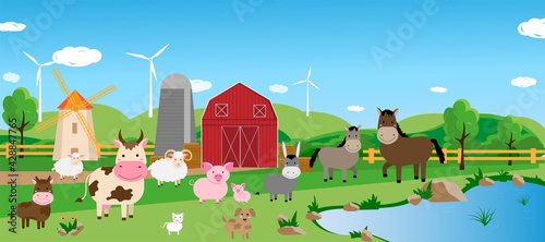 Fototapeta Naklejka Na Ścianę i Meble -  Banner design Farm animals. Vector illustration Cow, horse, pig, sheep, mill, donkey, cat, dog. Place for text