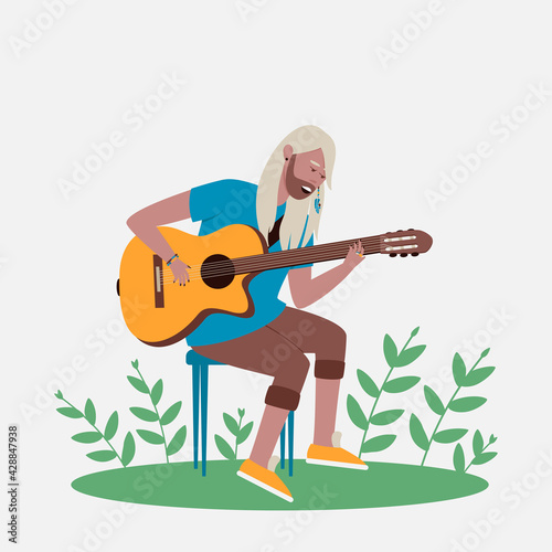 The man sings and plays the guitar. The guitarist sings the song and plays the guitar. Flat vector illustration. Square layout.