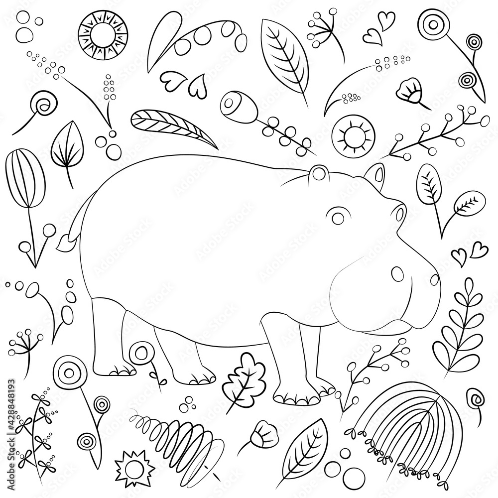 Fototapeta premium doodle vector drawing African animals hippo and flowers