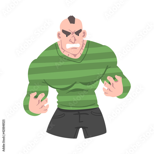 Furious Man, Brutal Man with Angry Face Expression, Human Emotions and Feelings Concept Cartoon Vector Illustration