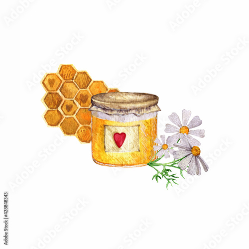 Watercolor composition of honeycomb, a jar of honey and chamomile flowers. Hand-drawn and isolated on white background.