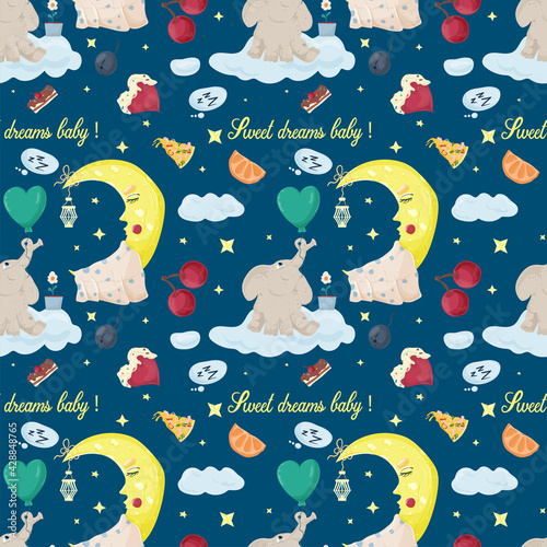 Seamless pattern illustration in childrens flat style cartoon for children's bedroom design Little Baby Elephant sitting on the clouds with a balloon next to the sleeping moon