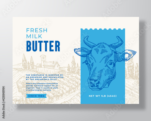 Milk Butter Dairy Food Label Template. Abstract Vector Packaging Design Layout. Modern Typography Banner with Hand Drawn Cow Face and Rural Landscape Background. Isolated