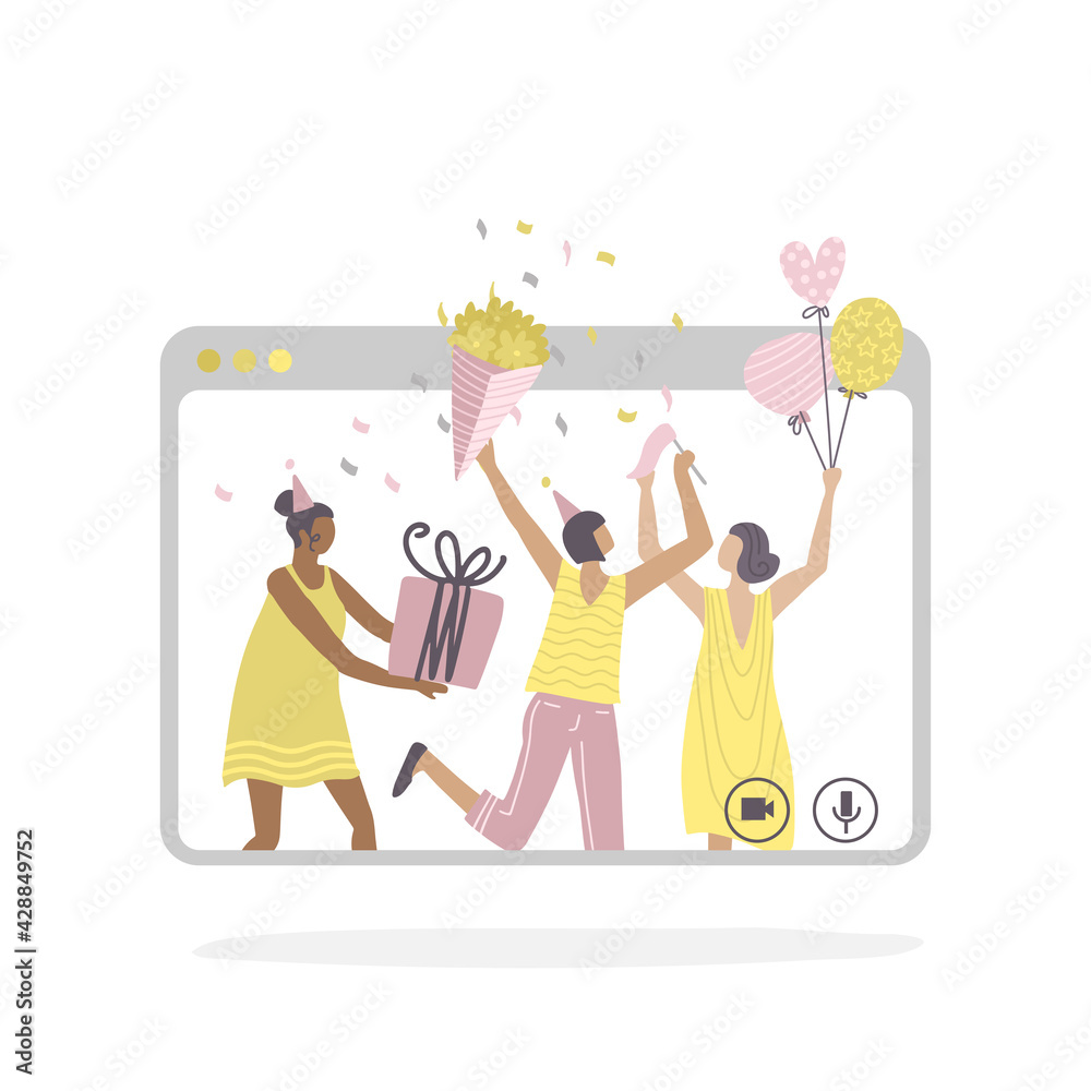 Online birthday party and online meeting friends. Friends communicate via video chat. Women have fun, laugh, talk and giving gifts. Online chat using the video app. Vector flat illustration